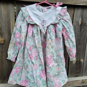VTG 90s COTTAGECORE Girl 3T pink Floral Easter Dress Prairie rosette lace FAIRY